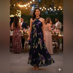 Jonathan Martin Navy and Purple Halter Style Floral Pleated Maxi Dress